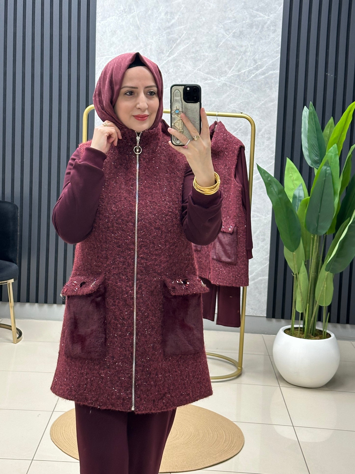 Pureva kürklü yün yelek modal 3 lü takım