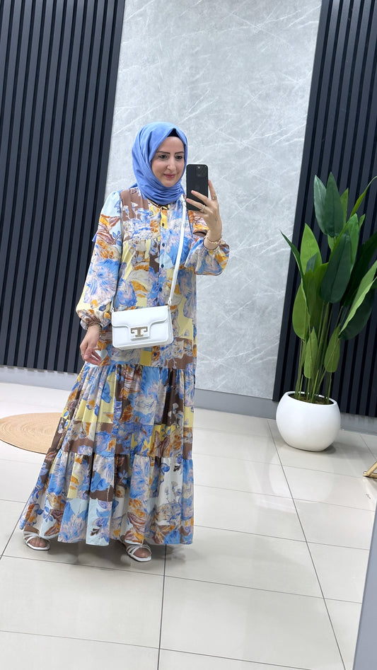 Puane mavi çiçekli elbise