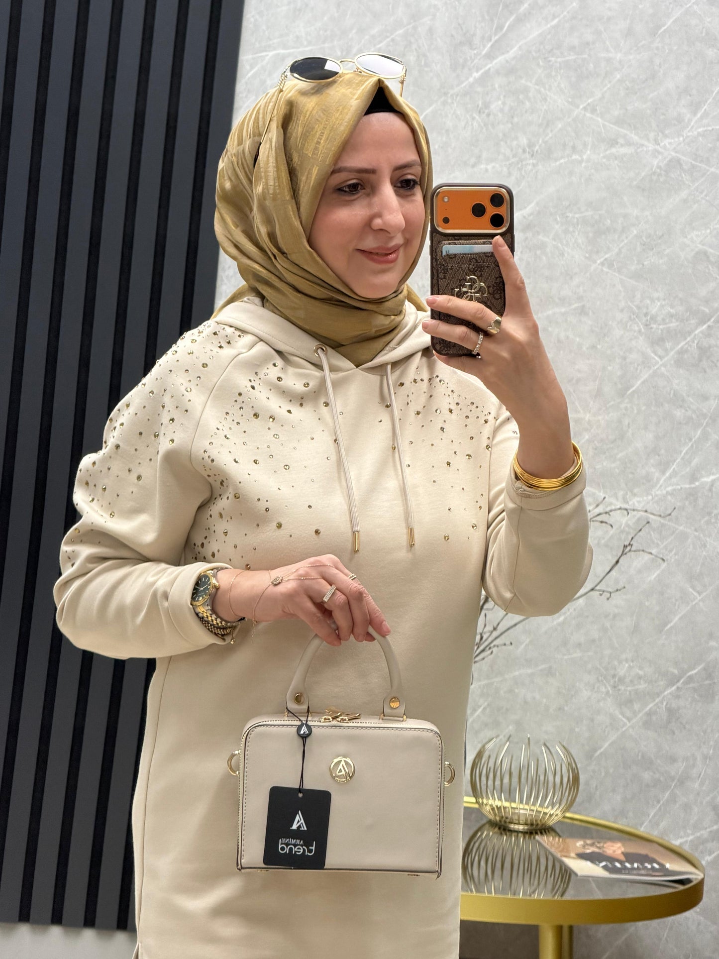 Pureva kapşonlu serpme taşlı modal kumas takım 3007