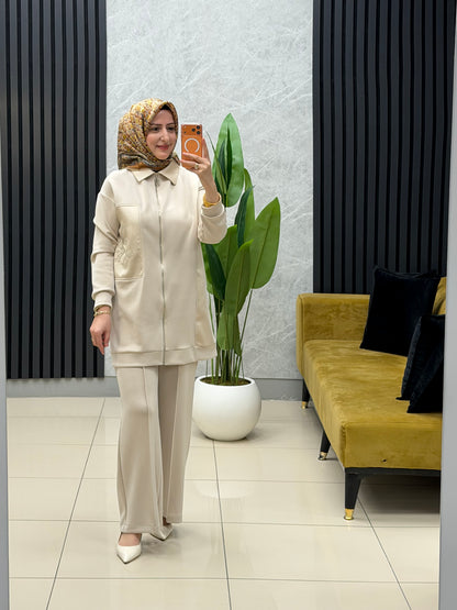 Armine trend yaka saten göğüs işlemeli Oysho takım