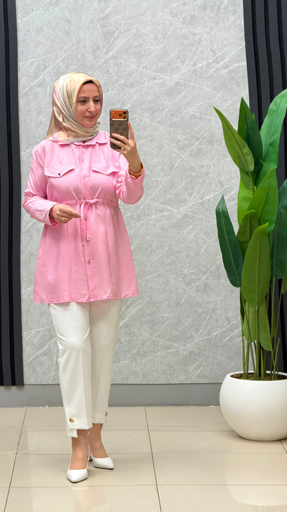 Eylül Çift Cep Kapaklı Beli Tünelli Tesla Tunik 🌸Ürün Kodu: 2098