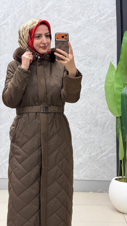 Armine Trend Kürklü Kapüşonlu Belden Kemerli Mont / Ürün Kodu: 25KT752