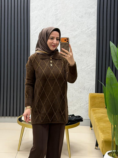 Nefise 150561 angora baklava desen gold düğmeli yakalı kazak