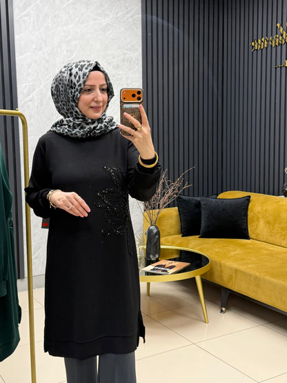 Ayşe Akay lotus çiçek işlemeli tunik