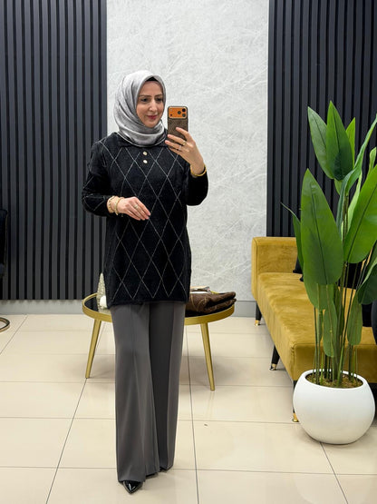 Nefise 150561 angora baklava desen gold düğmeli yakalı kazak