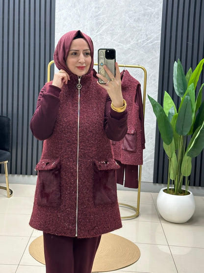 Pureva kürklü yün yelek modal 3 lü takım