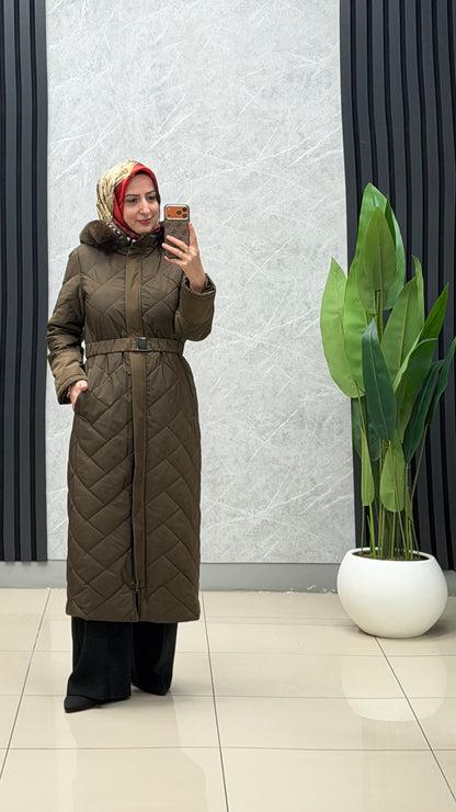 Armine Trend Kürklü Kapüşonlu Belden Kemerli Mont / Ürün Kodu: 25KT752