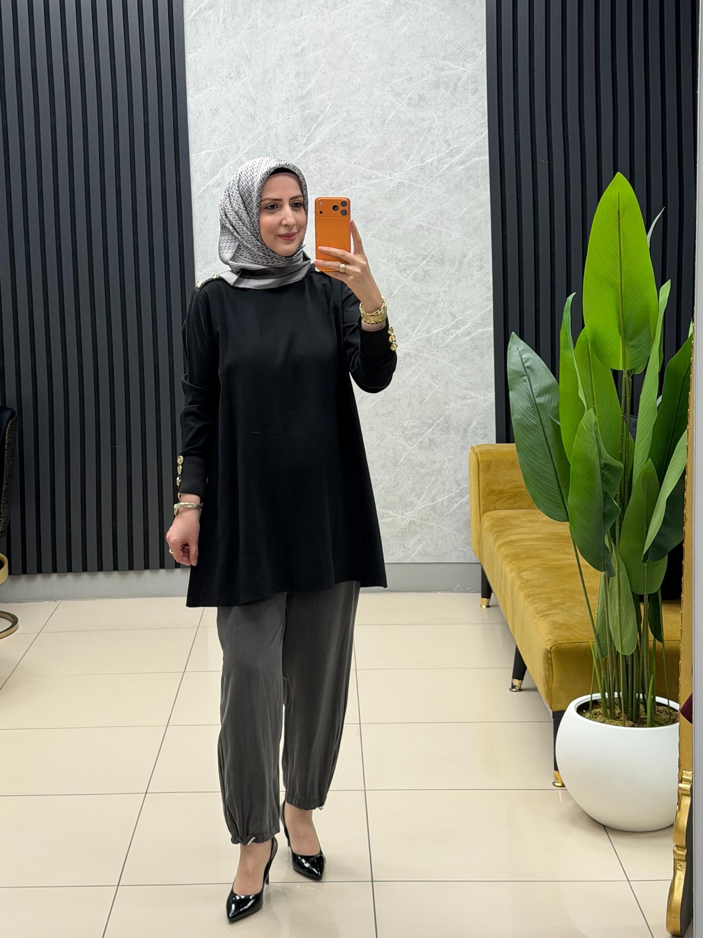 Noshe omzu gold düğmeli ribanali kupra tunik 4653