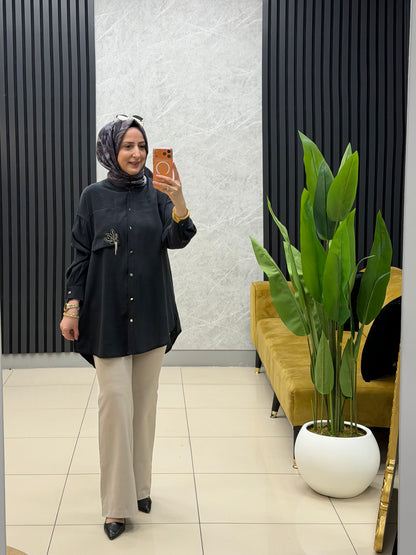 Puane cep detaylı boncuk işlemeli/gömlek tunik 
Kod:10763