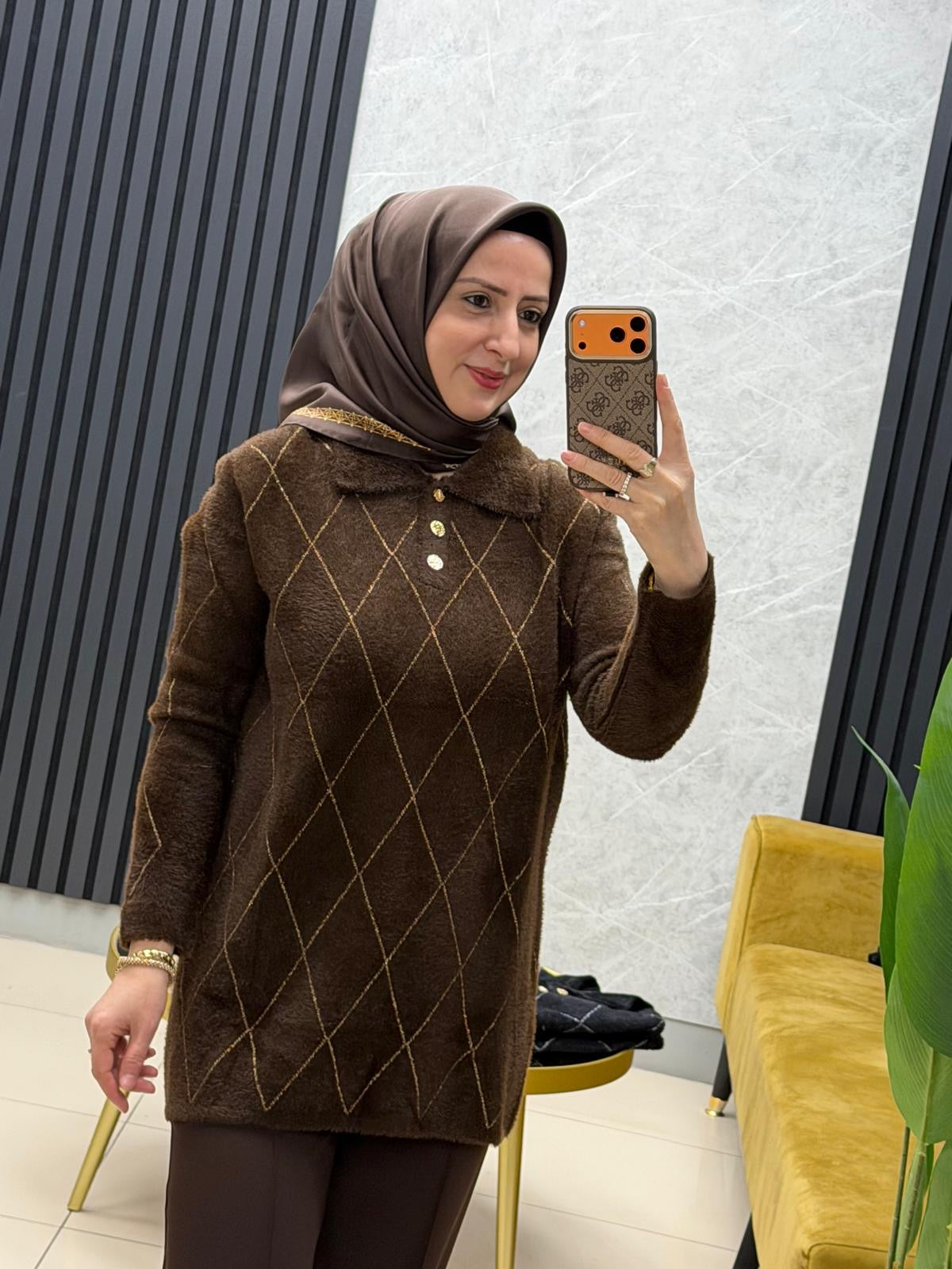 Nefise 150561 angora baklava desen gold düğmeli yakalı kazak