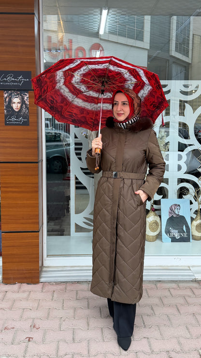Armine Trend Kürklü Kapüşonlu Belden Kemerli Mont / Ürün Kodu: 25KT752