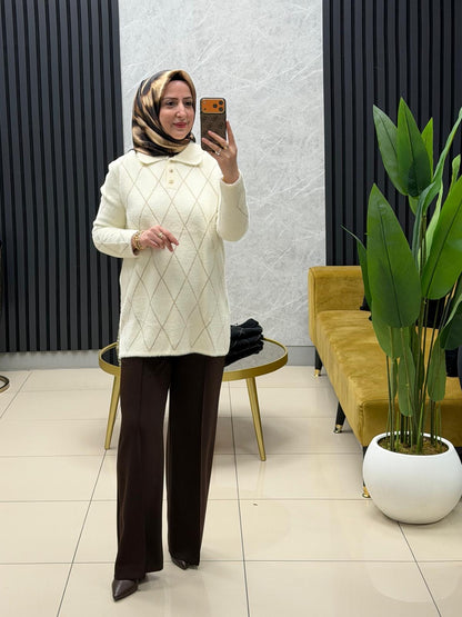 Nefise 150561 angora baklava desen gold düğmeli yakalı kazak