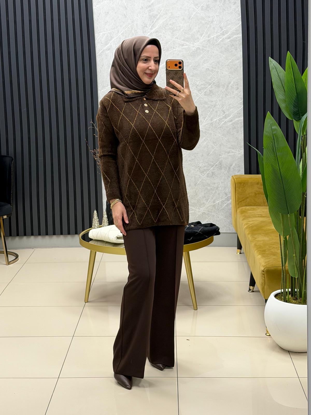 Nefise 150561 angora baklava desen gold düğmeli yakalı kazak