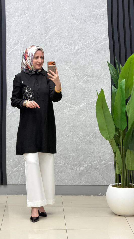 Armine Trend gofre kumaş cepli çiçek işlemeli tunik kod:26YT464