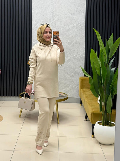 Pureva kapşonlu serpme taşlı modal kumas takım 3007