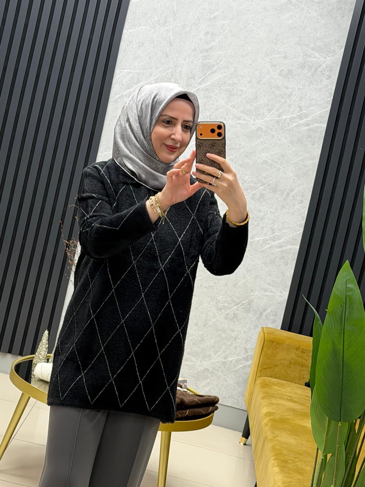 Nefise 150561 angora baklava desen gold düğmeli yakalı kazak