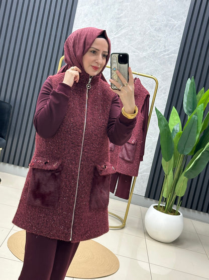 Pureva kürklü yün yelek modal 3 lü takım