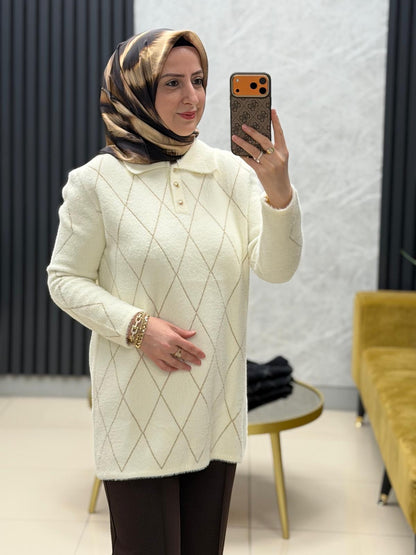 Nefise 150561 angora baklava desen gold düğmeli yakalı kazak