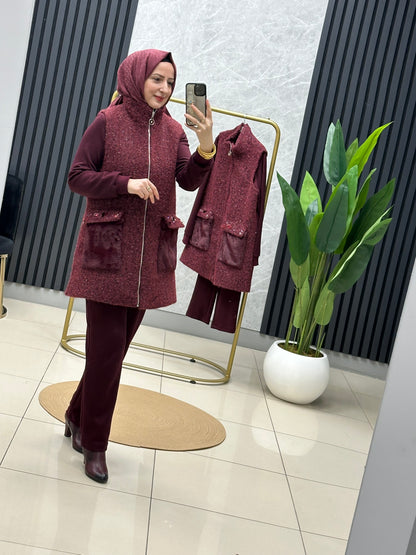 Pureva kürklü yün yelek modal 3 lü takım