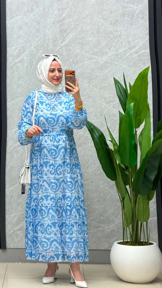 armine trend mavi beyaz renk gecisli elbise kod:26yt963