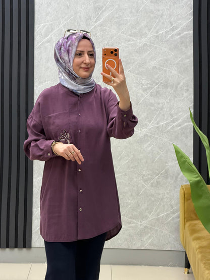 Puane cep detaylı boncuk işlemeli/gömlek tunik 
Kod:10763