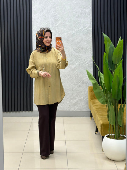 Puane cep detaylı boncuk işlemeli/gömlek tunik 
Kod:10763