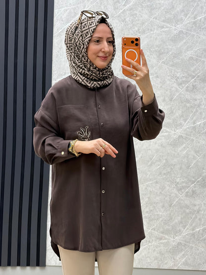 Puane cep detaylı boncuk işlemeli/gömlek tunik 
Kod:10763